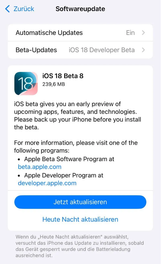 龙泉苹果手机维修分享苹果 iOS / iPadOS 18 开发者预览版 Beta 8 发布 